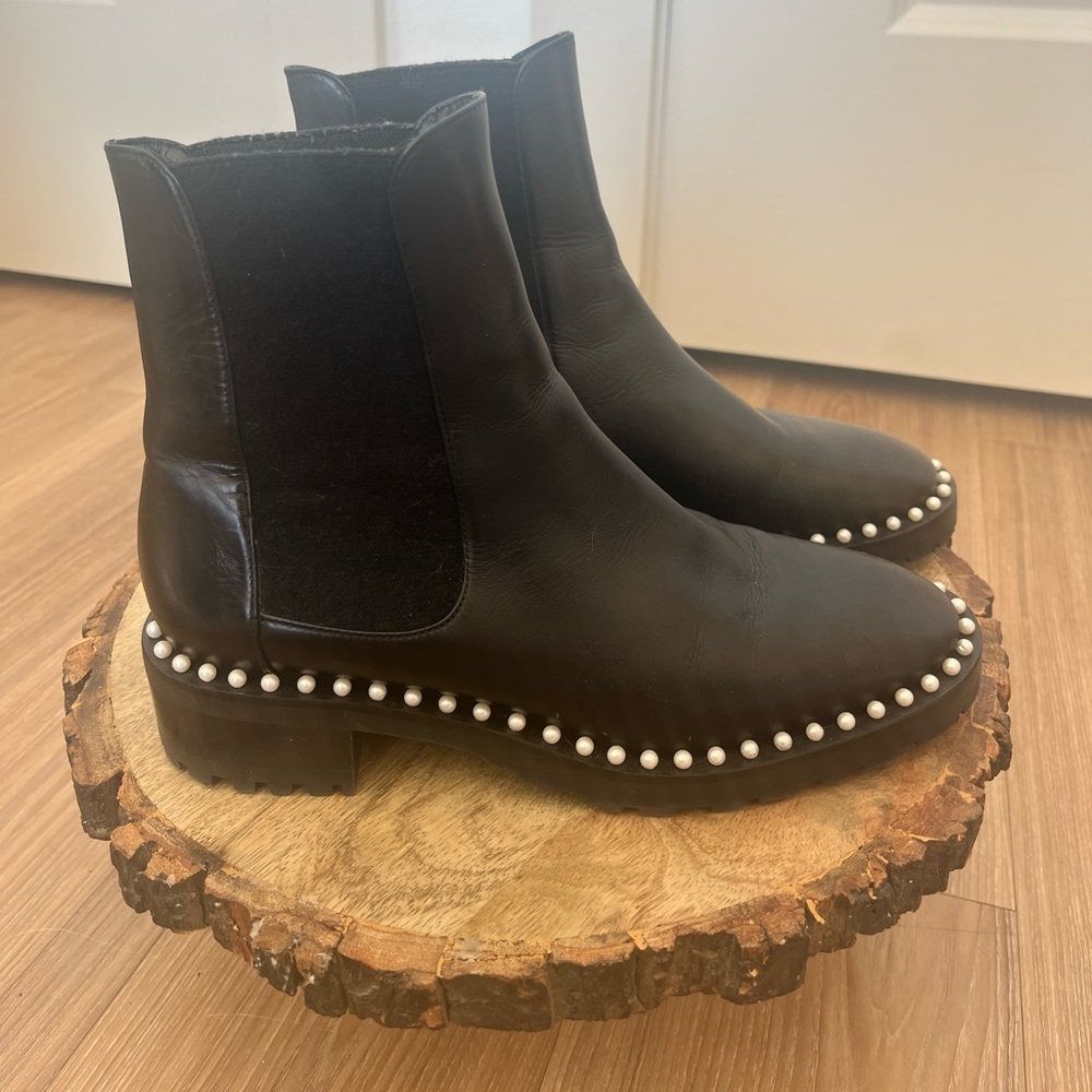 Stuart Weitzman Cline Faux Pearl embellished leather boots